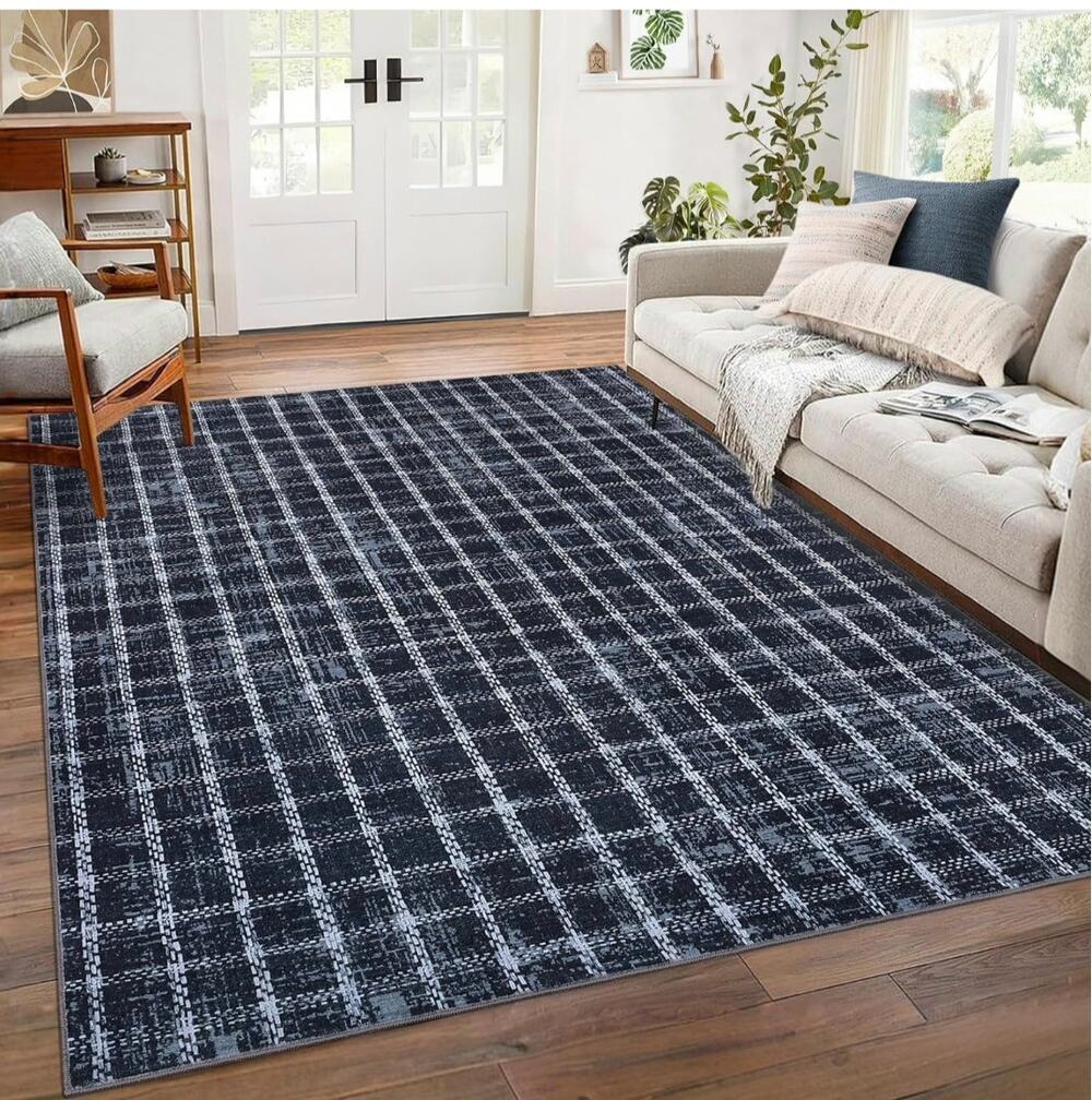 ROYHOME 5x7 Washable Area Rug Navy Blue Plaid Checkered Non Slip Low Pile New/OB